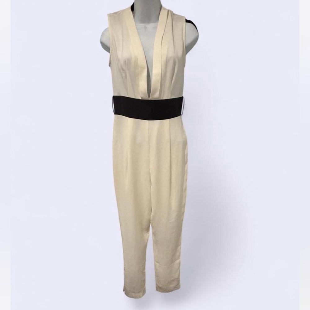 Forever 21 Cream Jumpsuit with Black Waistband